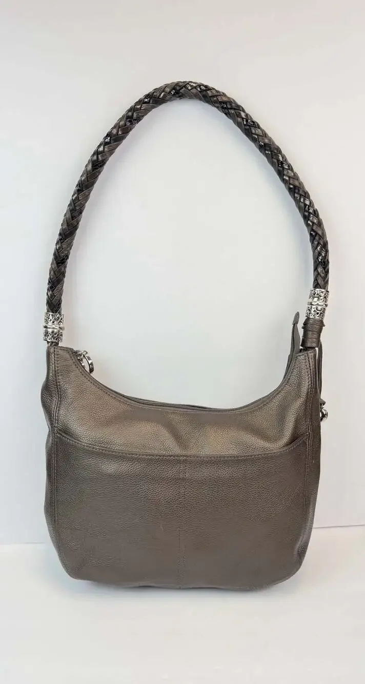 Brighton Barbados Ziptop Hobo Metallic Pewter Leather Bag